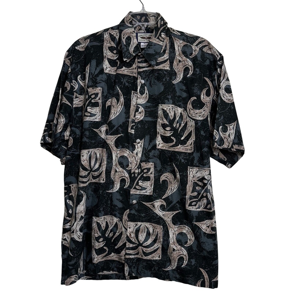 Straight Down Mens Large‎ Short Sleeve Button Up Shirt Black Abstract Tribal USA